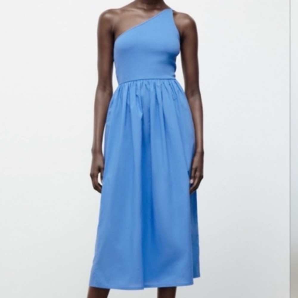 NWT ZARA ASYMMETRIC MIDI DRESS SIZE L LIGHT BLUE